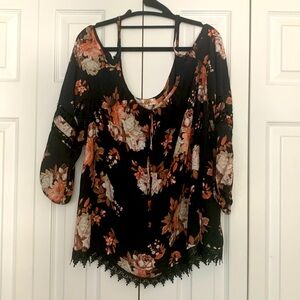 open shoulder printed blouse with lace detail on bottom elastic trimmed sleeves